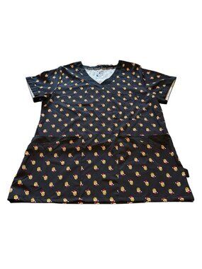 Joe Boxer Scrub Top Smiley Face Christmas Hat Scrubs Large Black Unisex